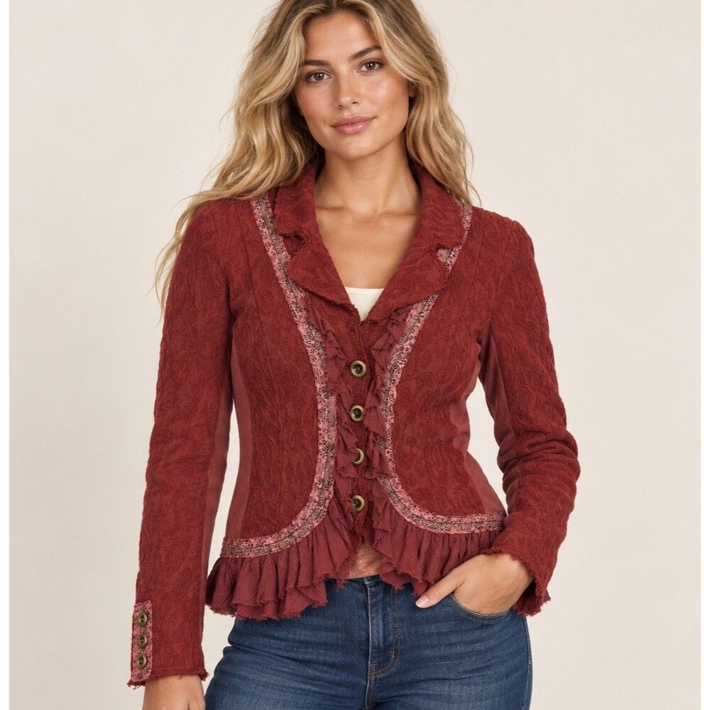 Free People Womens 12 Maroon Floral Lace Ruffle Blazer Jacket Boho Romantic